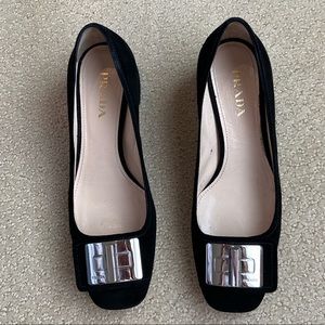 Prada buckle suede pump